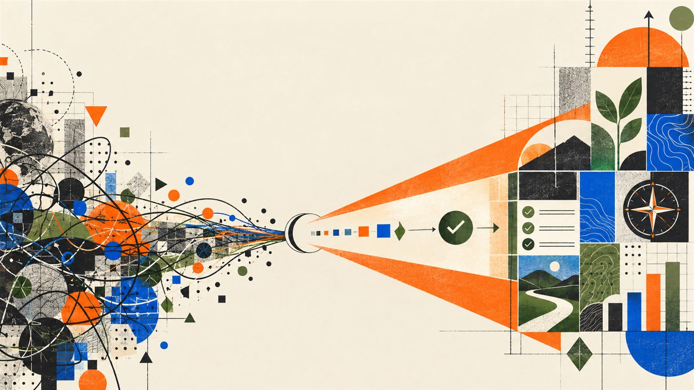 Abstract shapes resolving from scattered signals into an organized path